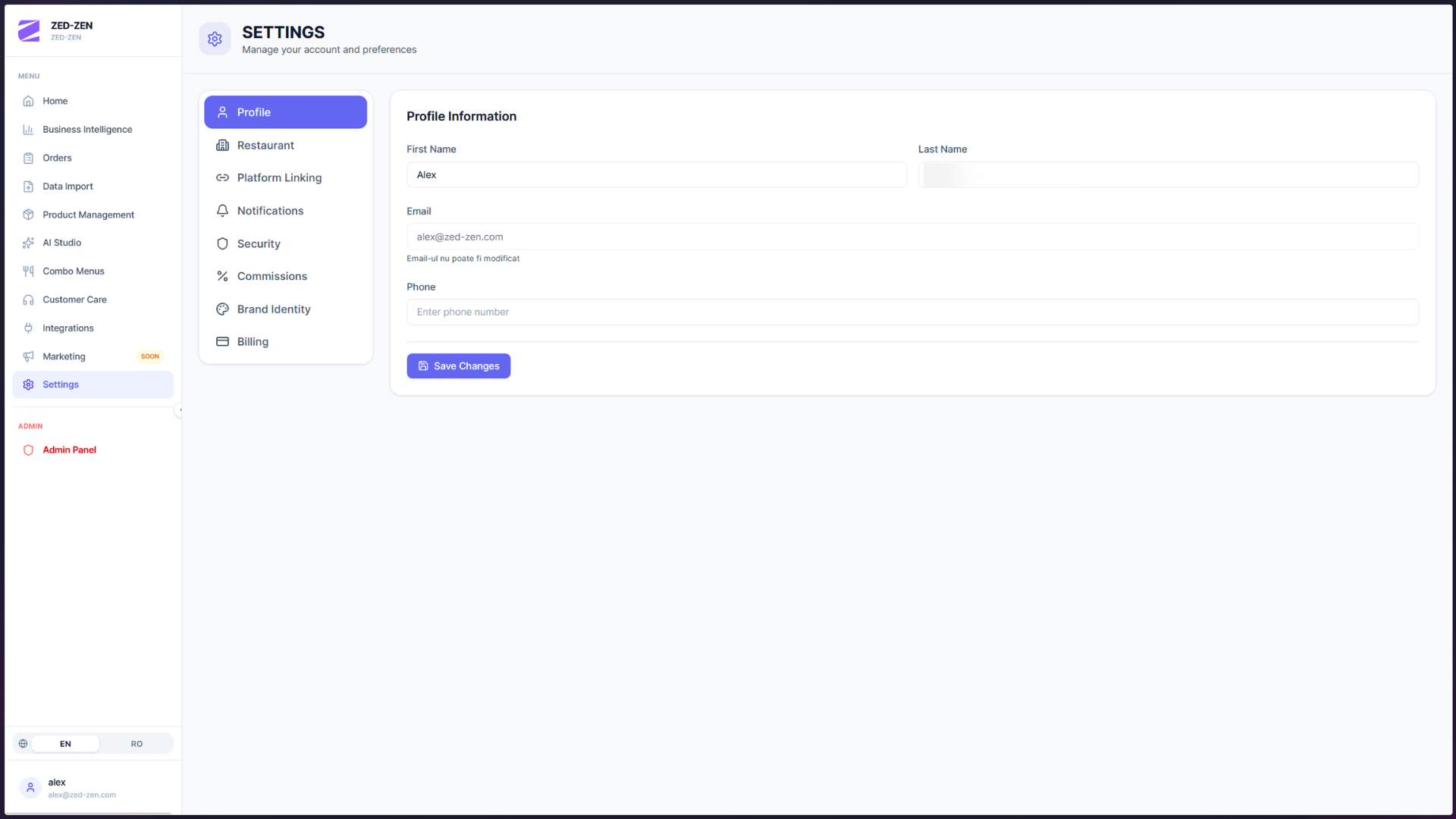 Settings — account, restaurant, platform-linking, notifications, security, commissions, branding, billing.