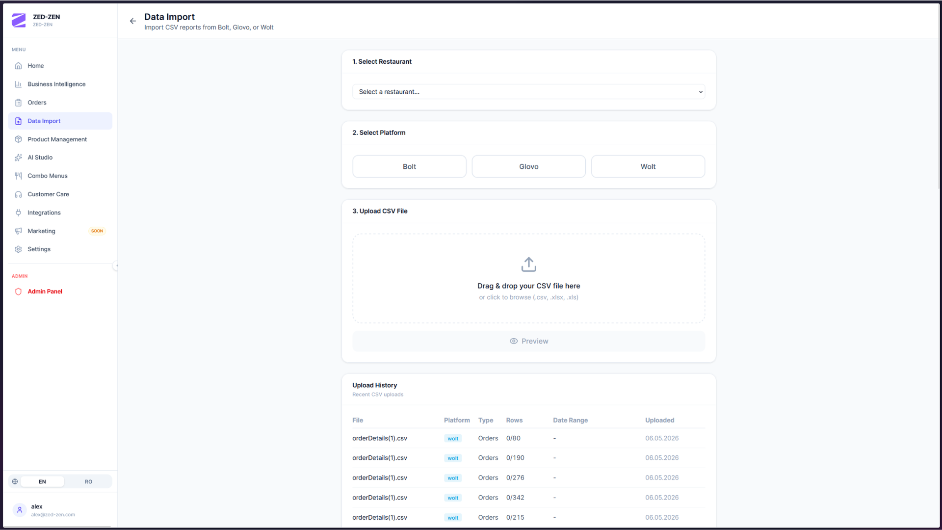 Data Import — 3-step CSV ingestion (Bolt/Glovo/Wolt) with drag-and-drop and upload history.