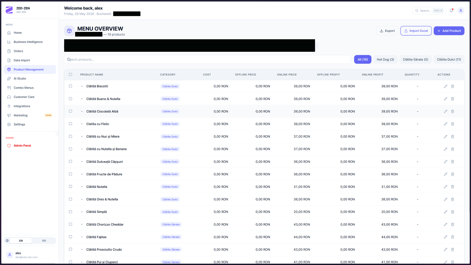 Product Management — menu overview with per-product cost, raw price, online price, profit margins.
