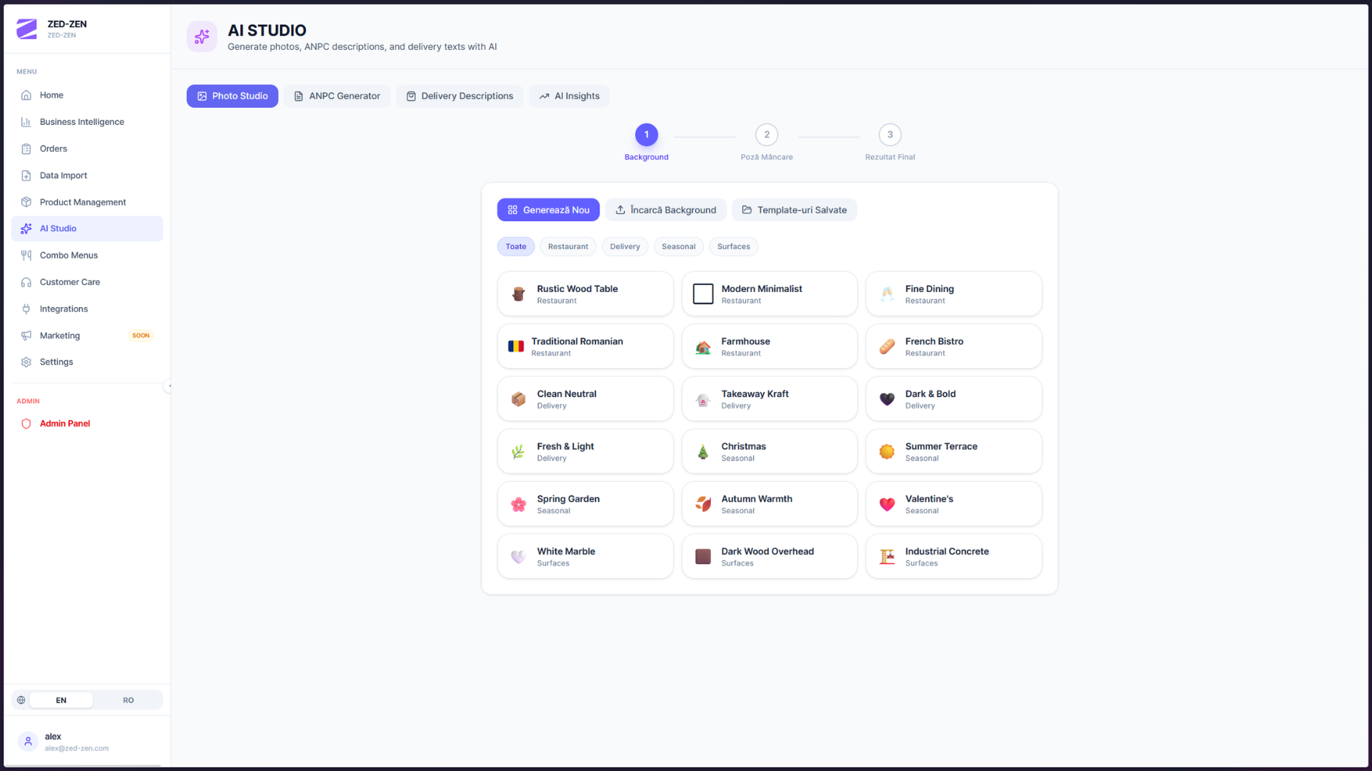 AI Studio — generate photos, ANPC descriptions, delivery texts with a built-in style library.