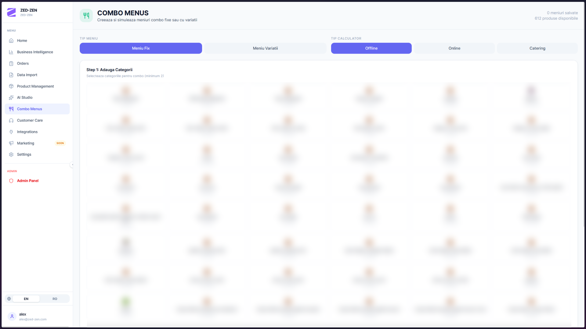 Combo Menus — drag-and-drop builder for promotional combos from the existing product catalog.