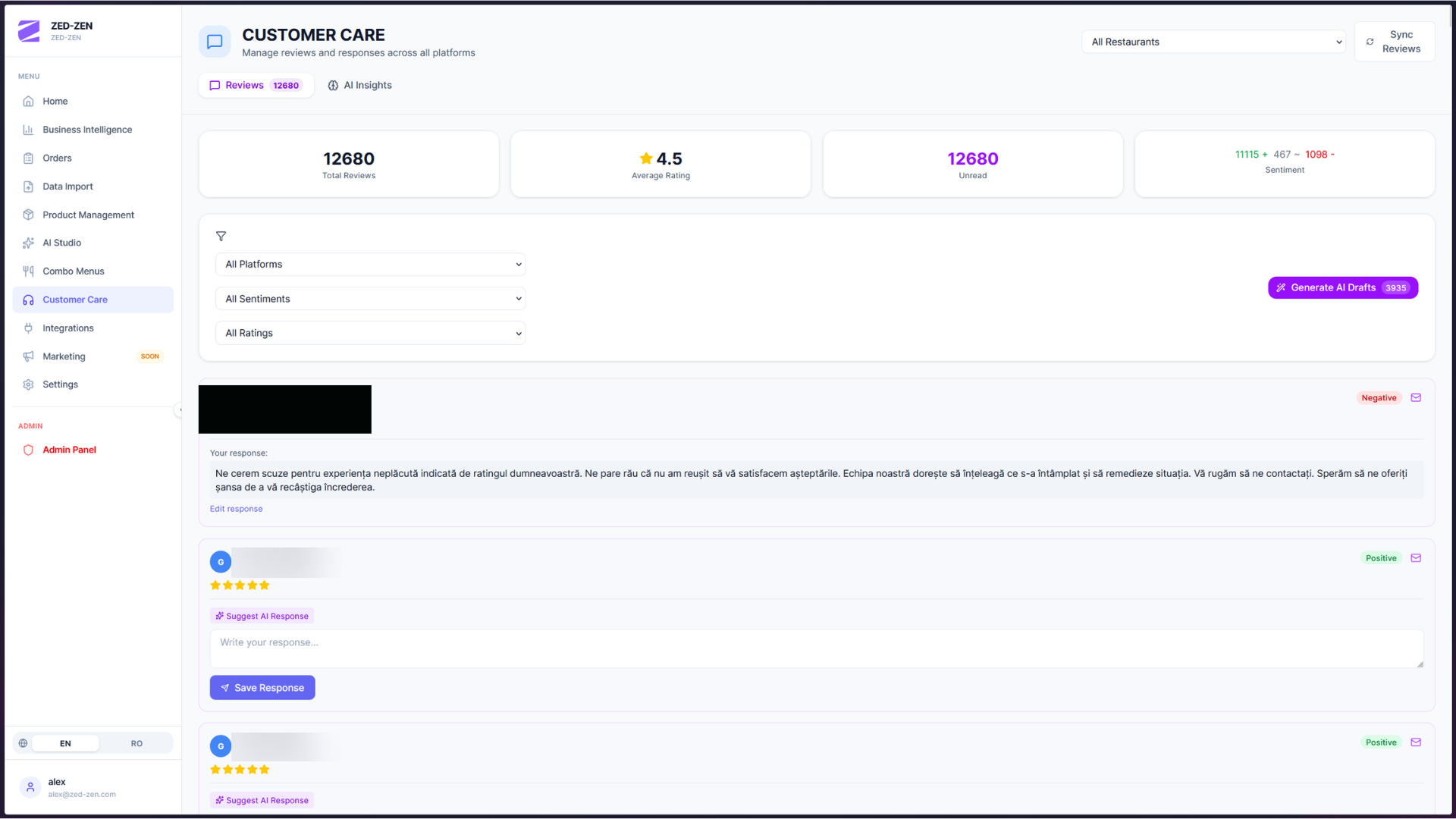 Customer Care — 12,680 reviews across platforms with sentiment scoring and AI-generated draft responses.