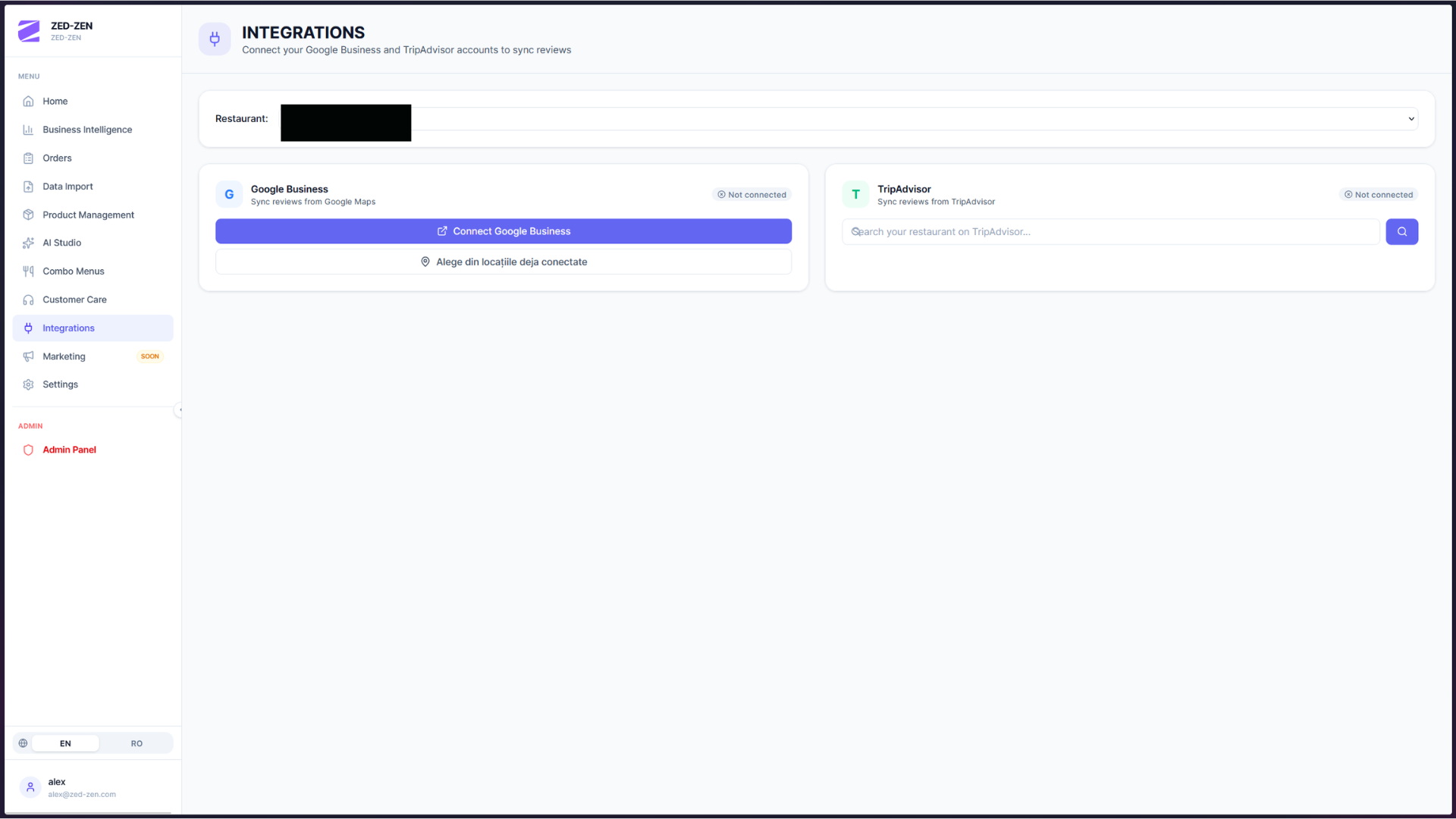 Integrations — connect Google Business and TripAdvisor to sync reviews into the customer-care inbox.