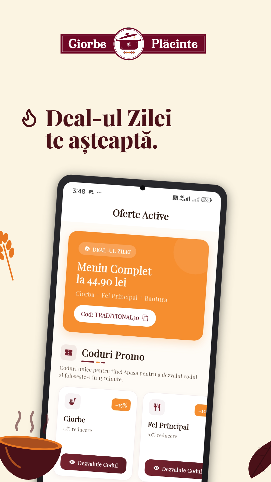 "Deal of the day" with limited-time promo codes and time-based discount expiry.