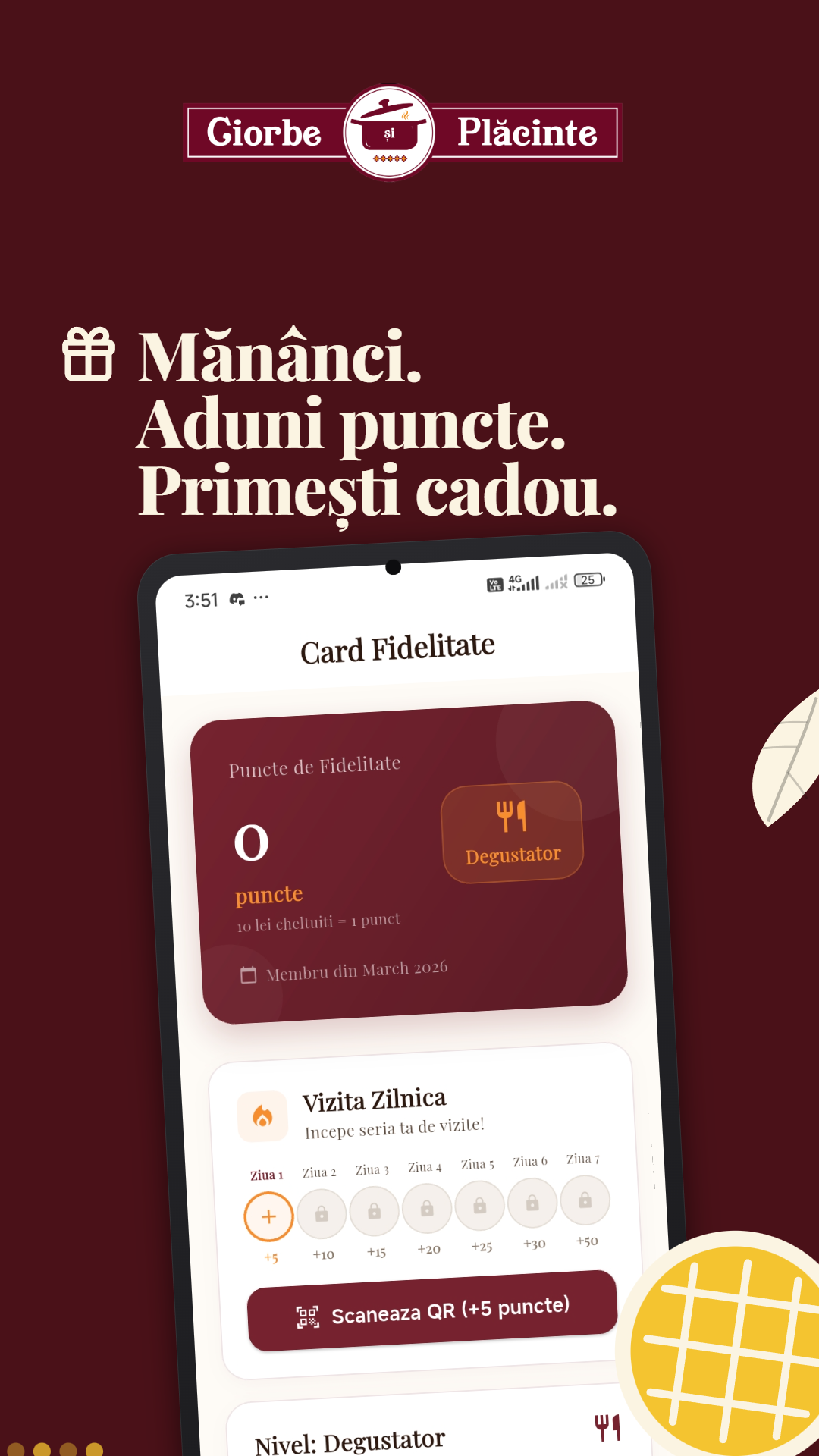 Loyalty program — earn points per visit, daily-visit streak, QR scan for +5 bonus points.