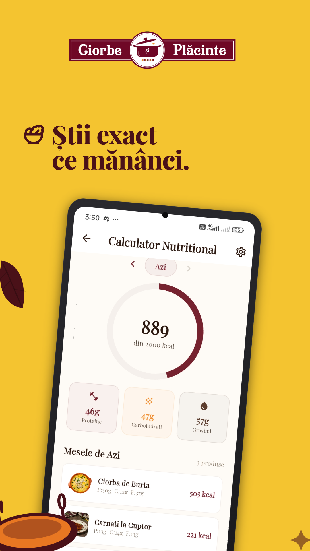 Nutrition calculator — daily kcal/protein/carbs/fat tracking with per-dish breakdown.