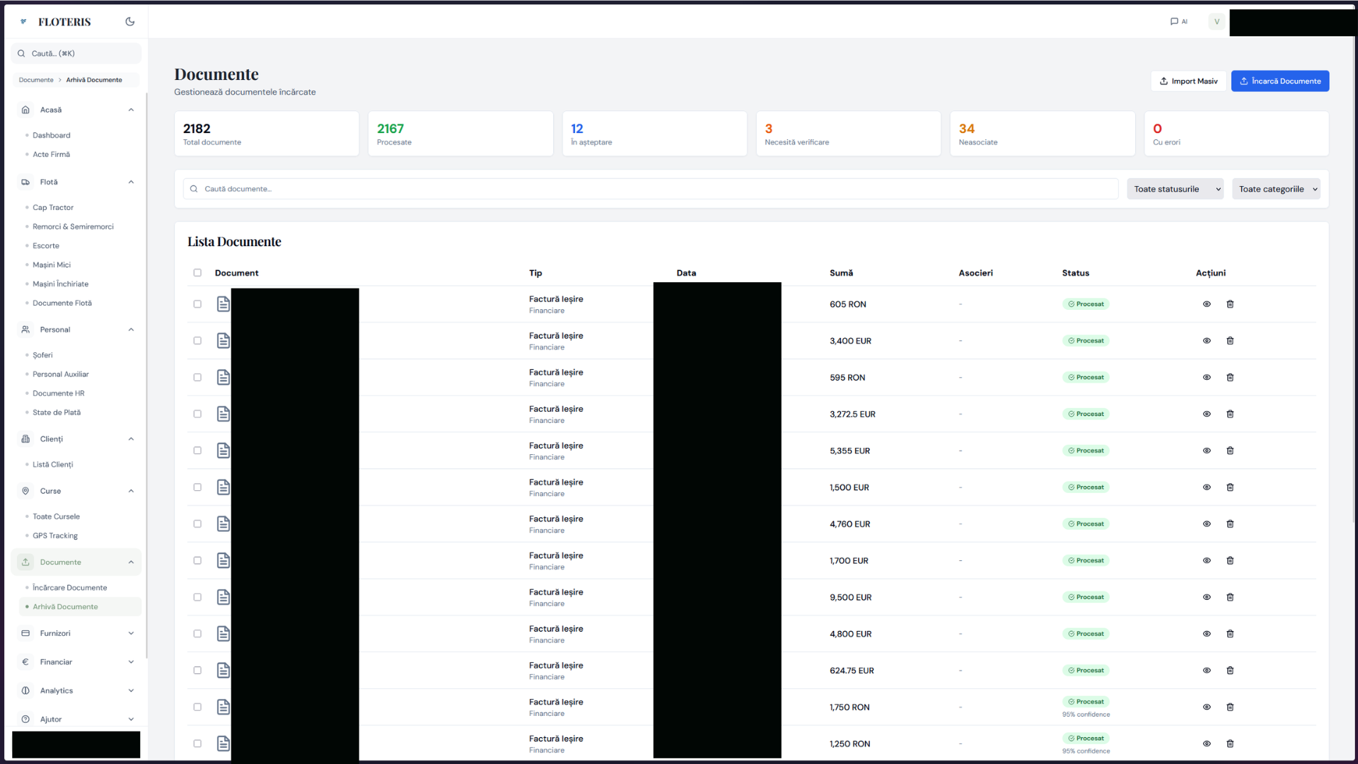Document archive — 2,182 docs processed with AI extraction confidence, financial values, status pipeline.