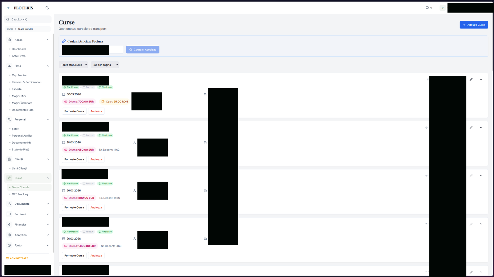 Routes (Curse) — transport management with status pipeline, per-route per diem and cash, start action.