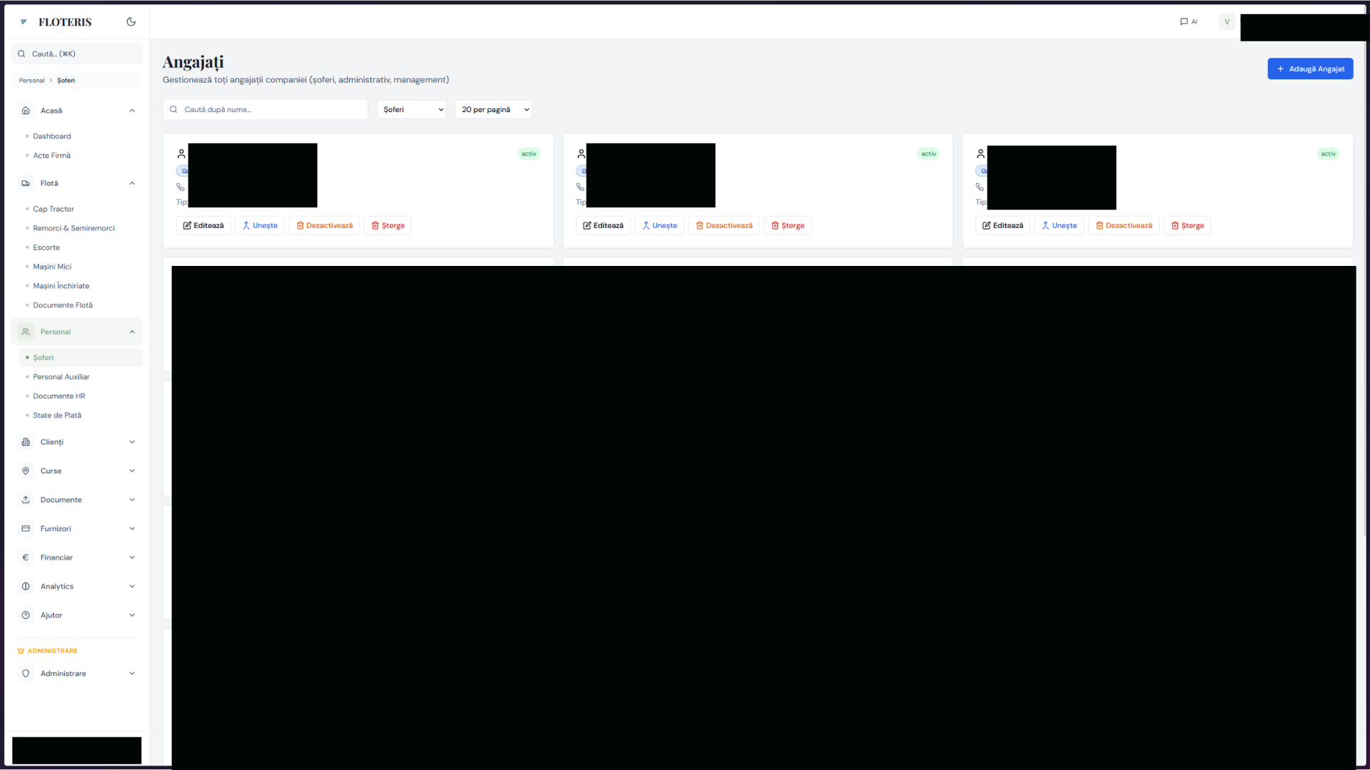 HR / Employees — driver and staff cards with active status, role tags, edit/merge/deactivate actions.
