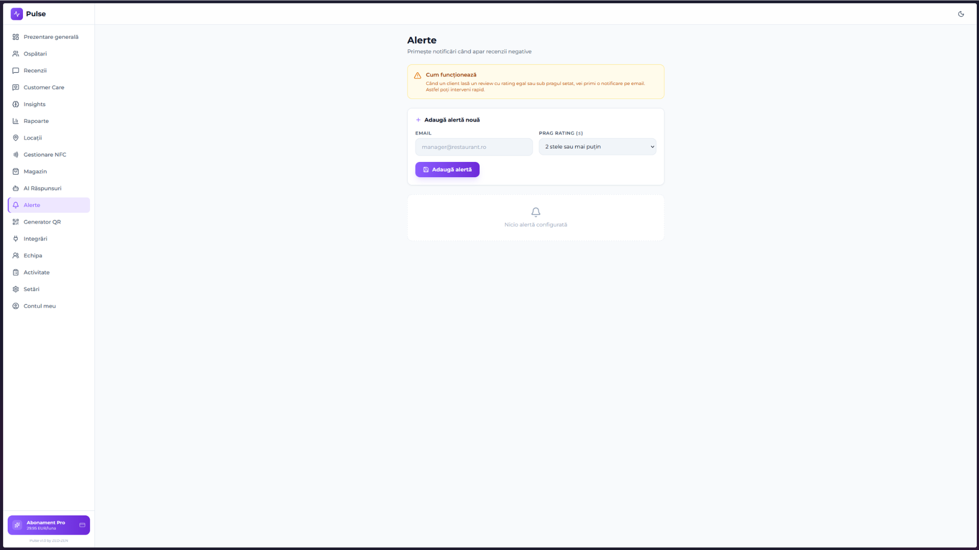 Alerts — email notifications when a review drops below the chosen rating threshold.