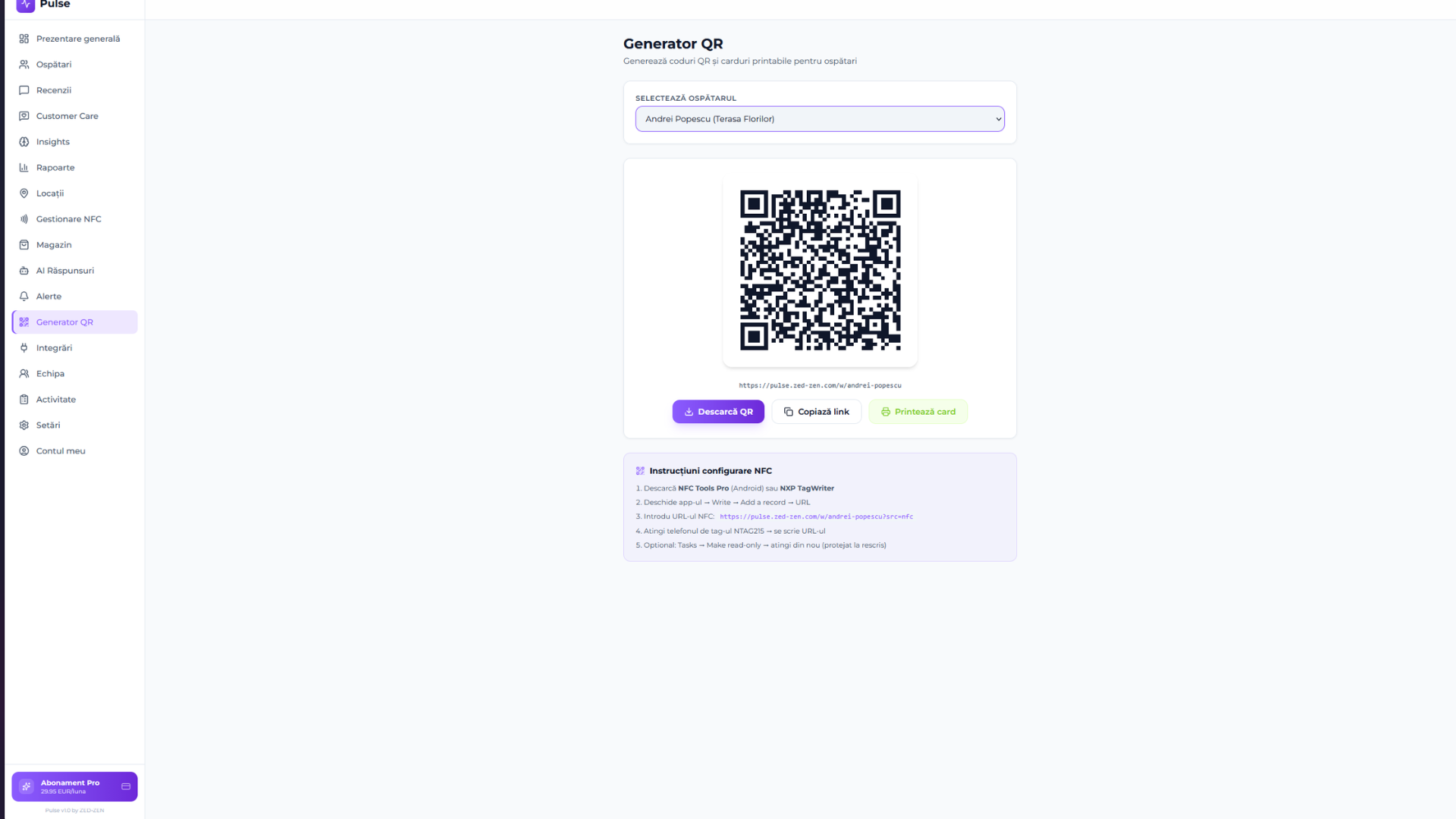 QR Generator — printable QR codes per waiter with NFC tag write instructions.