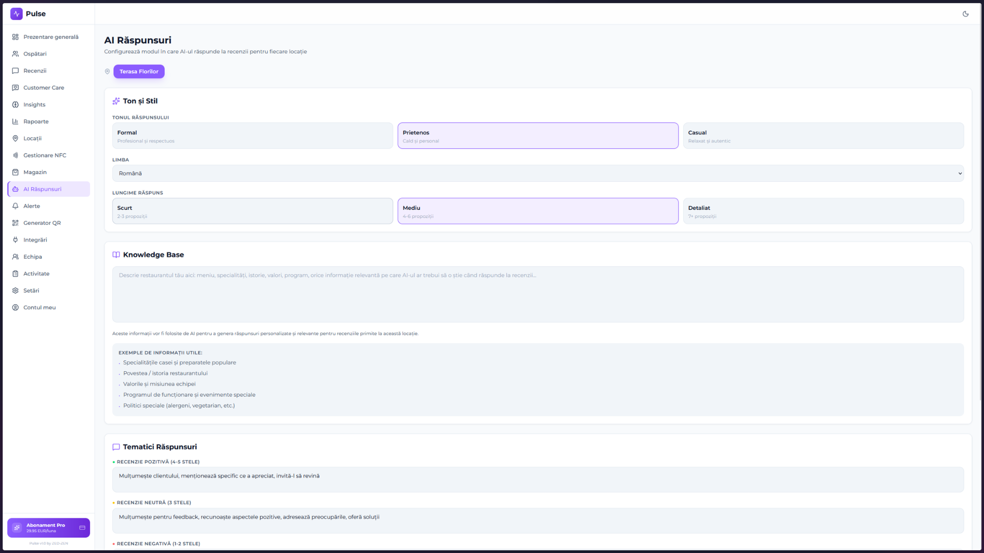 AI Responses configuration: tone, language, response length, knowledge base, themes per rating.