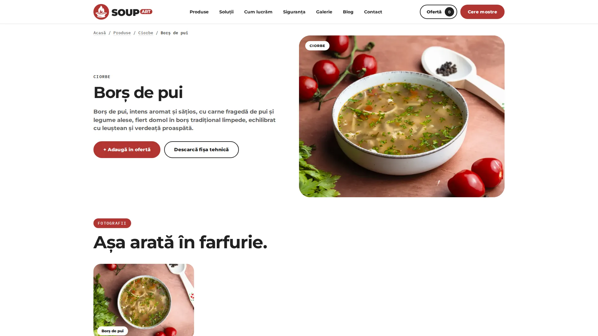 Product page — the plated dish first, then recipe per portion, packaging and shelf life.