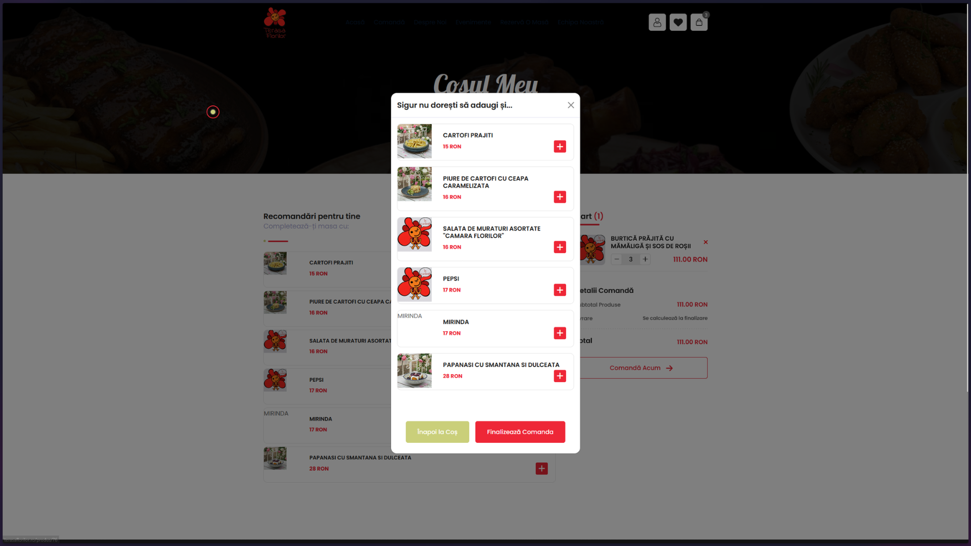 Cart modal with smart cross-sell — "You may also like" upsells before checkout.