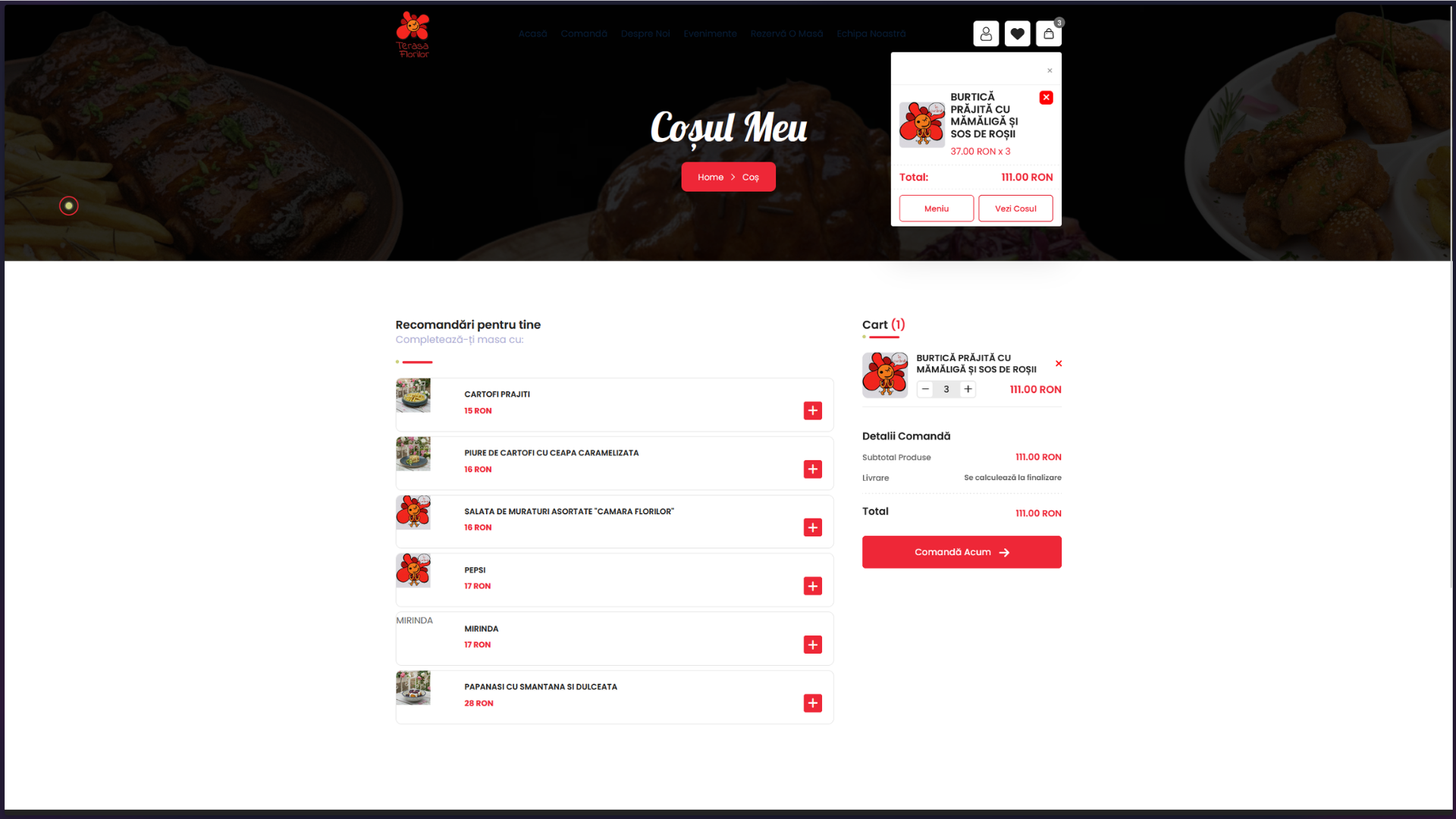 Desktop cart view — items list, recommendations, order summary with totals.