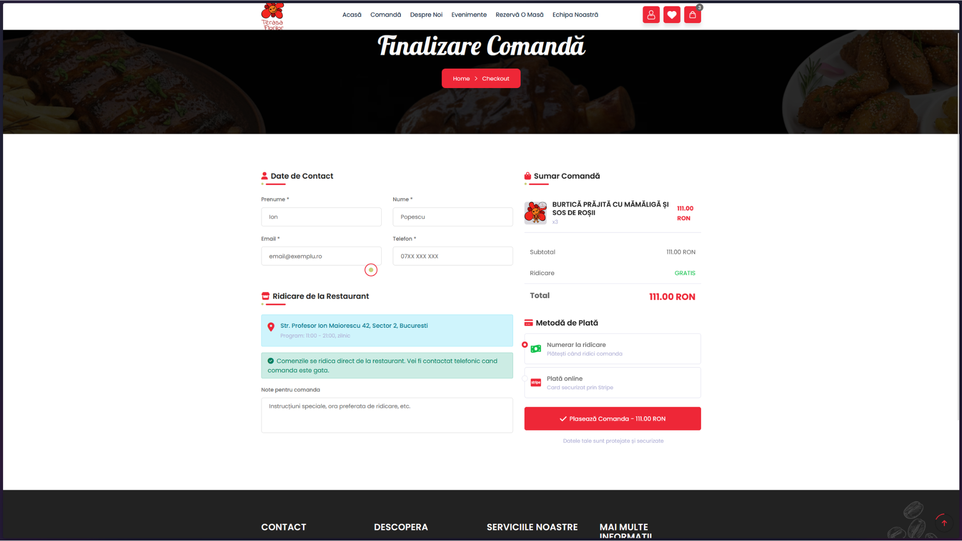 Checkout — contact info, pickup vs delivery, address, online vs cash payment, order summary.