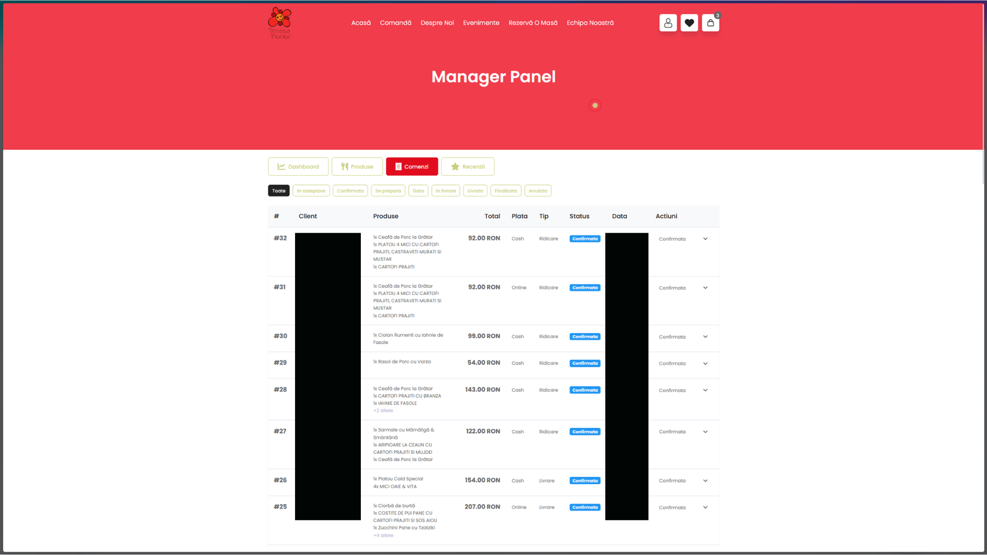 Admin Orders — full order history with payment method, type, status badges, expandable details.
