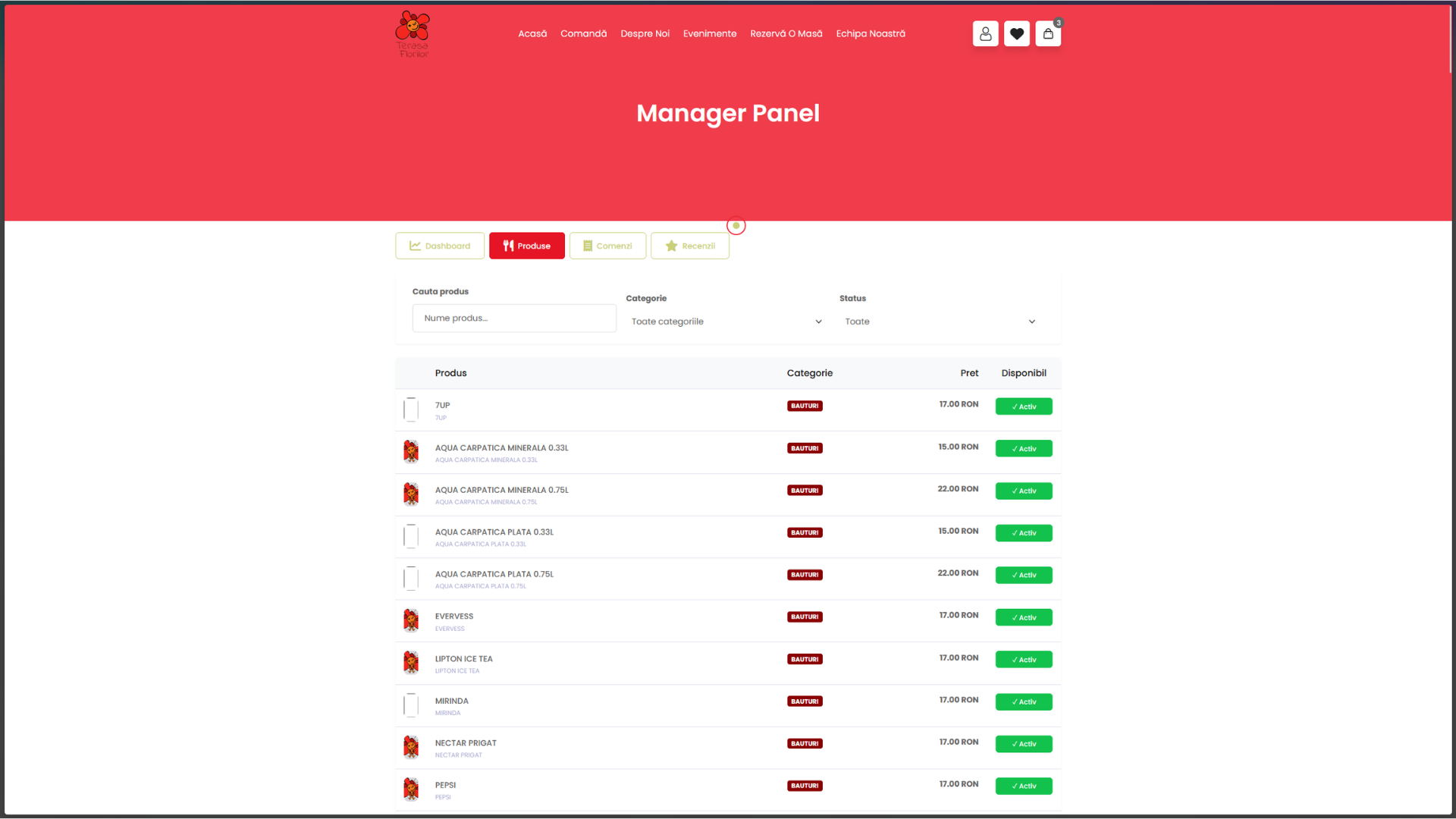 Admin Products — product CRUD with category, price, availability toggle, search and filters.