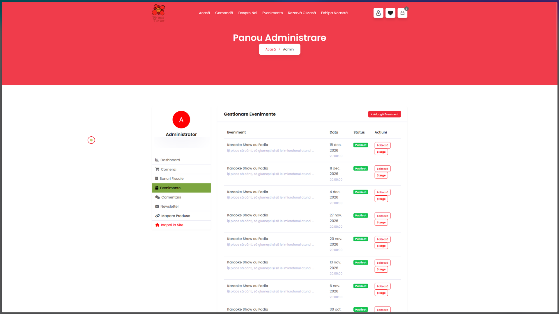 Admin Events — events list with publish status, edit/delete actions, full pipeline of upcoming shows.