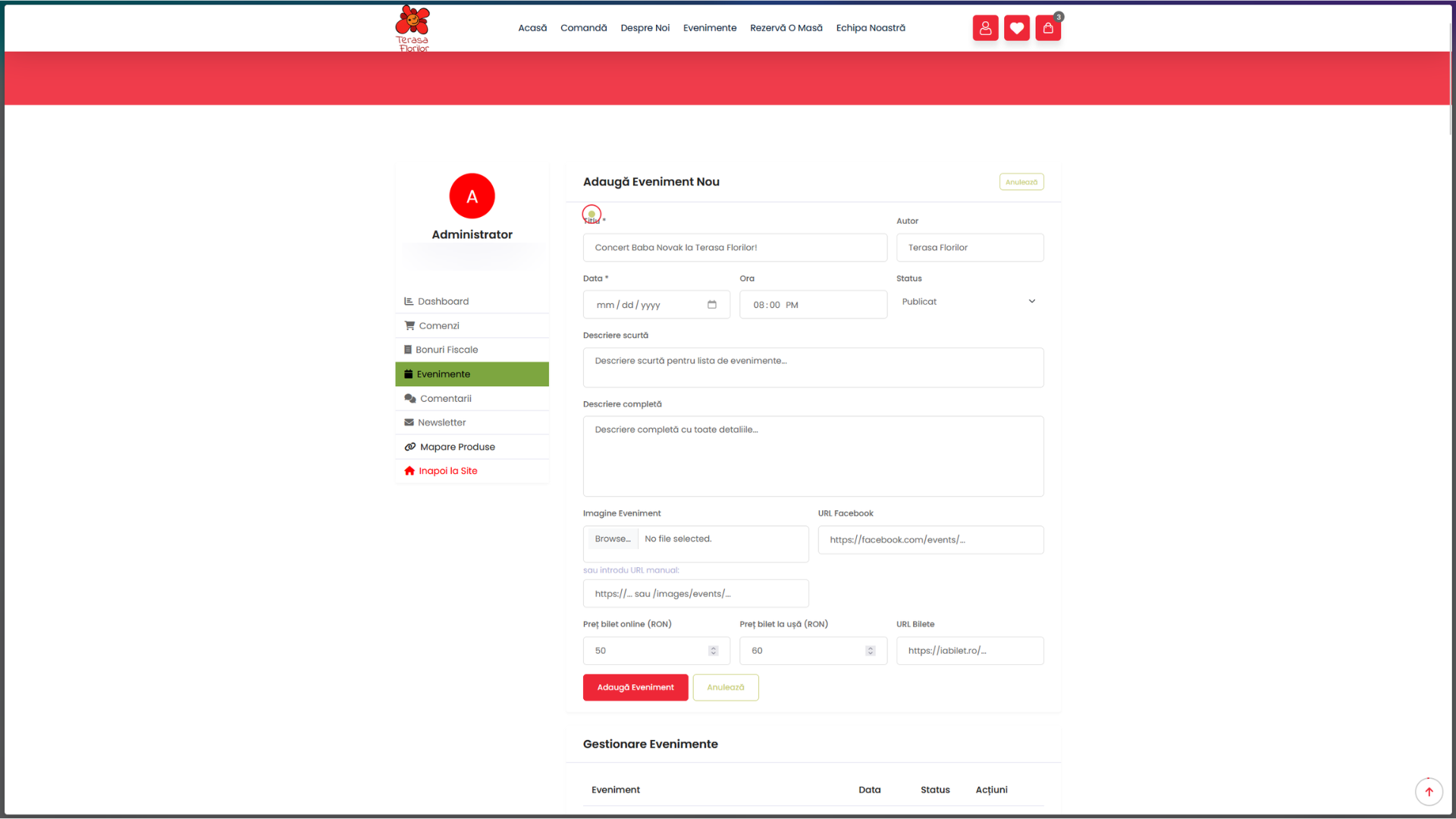 Admin "Add Event" form — date/time, description, image upload, ticket pricing, Facebook URL.